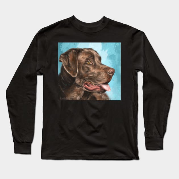 Painting of a Chocolate Labrador with Its Tongue Out, Blue Background Long Sleeve T-Shirt by ibadishi